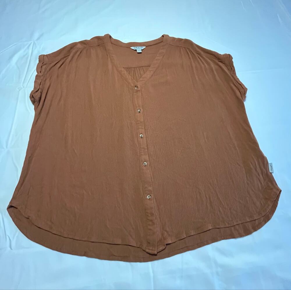 Orvis Women's XL Brown Rayon Short Sleeve V-Neck Button Front Blouse Casual Top